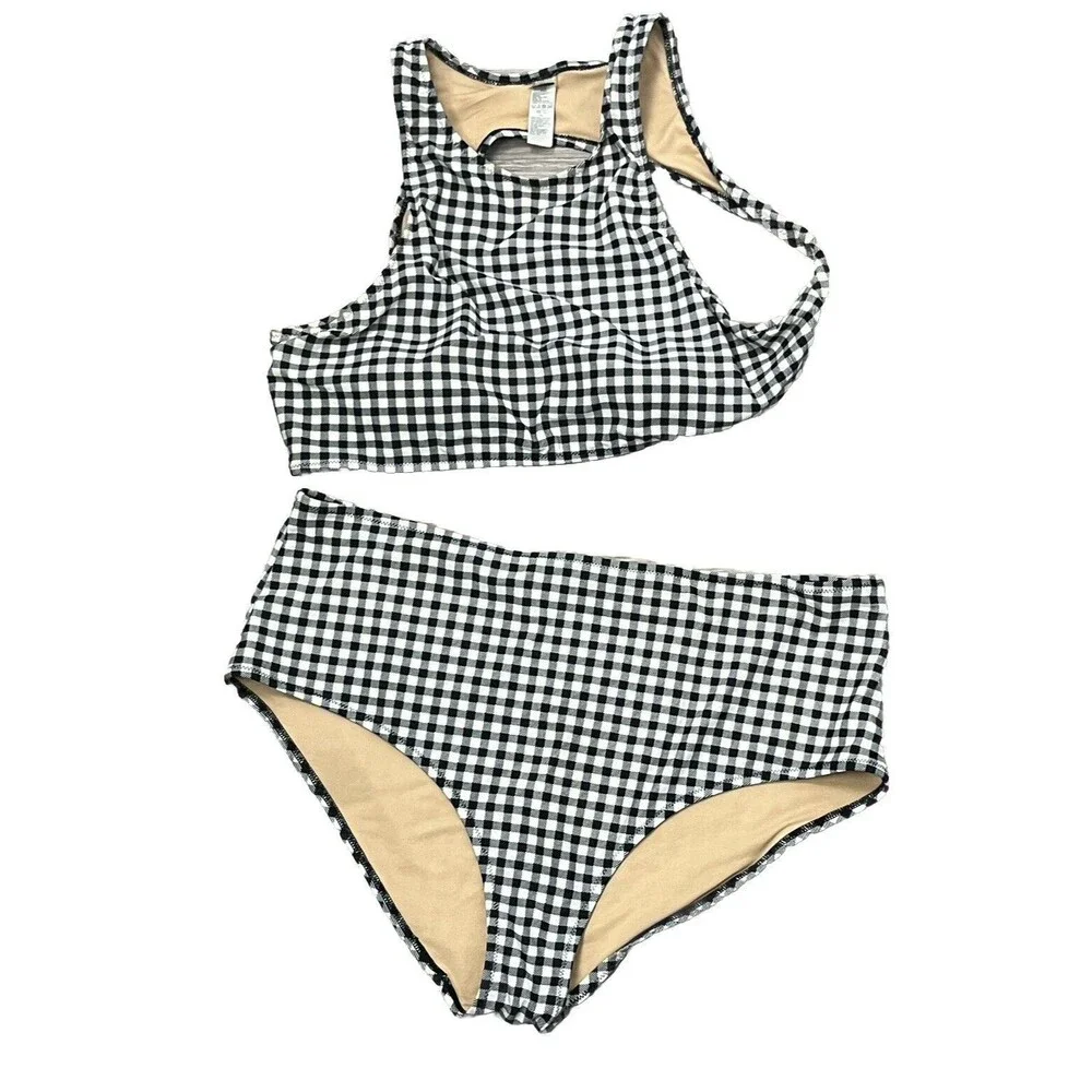 Old Navy Swimwear‎ Bikini Racerback High Waist 2 pc Black White Check Women XXL